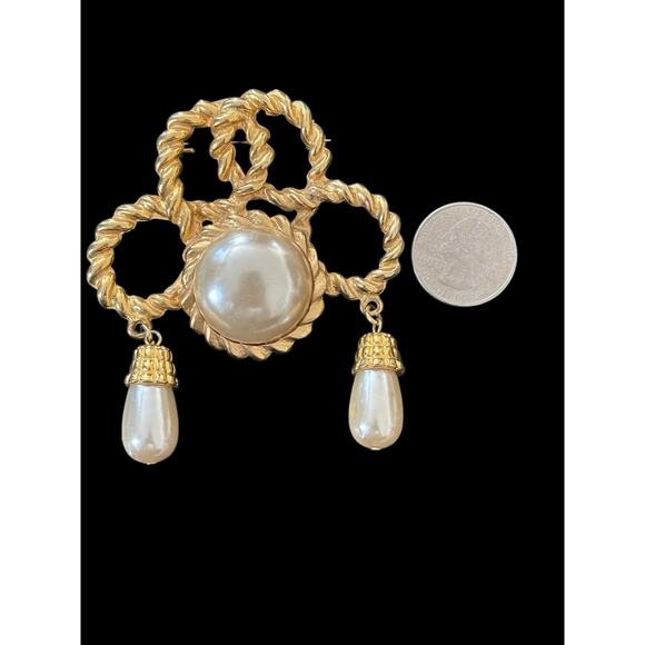 PARK LANE Vintage Brooch Pin Gold Tone Signed Faux Pearl Drop Dangle Rope Design - Picture 4 of 4
